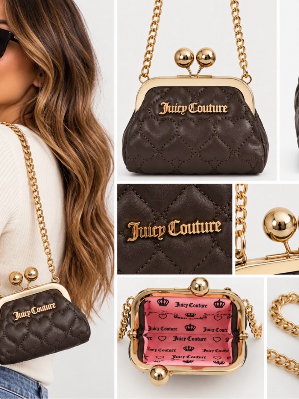 Juicy Couture Flawless Kisslock Coin Purse Chocolate Quilted Chain NWT